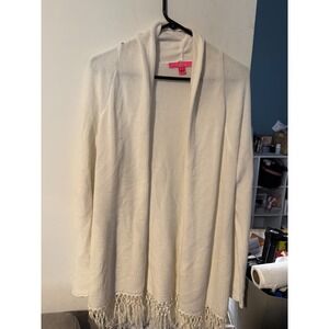 Lilly Pulitzer White Open Front Cardigan Tassel Fringe Shawl Collar Sweater L